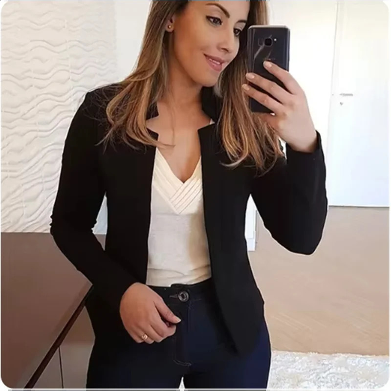 Open top solid color long sleeved womens elegant suit jacket daily office fashion street autumn slim fit 250407