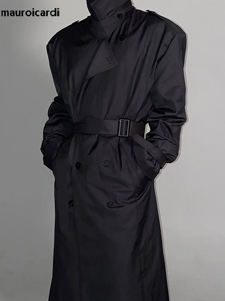 Mauroicardi Spring Autumn Cool Long Black Oversized Trench Coat Men Belt Double Breasted Loose Casual Windproof Outerwear 251105