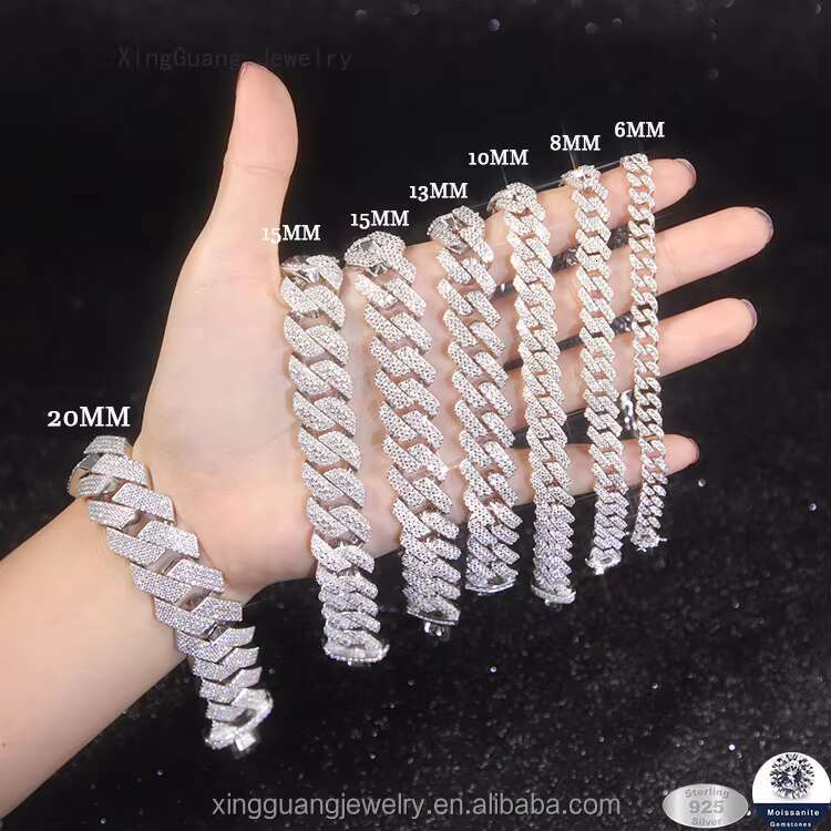 Ready to Ship Wholesale 8mm-20mm Pass Diamond Test Moissanite 925 Silver Cuban Link Bracelet Plated 18K White Gold Cuban Chain