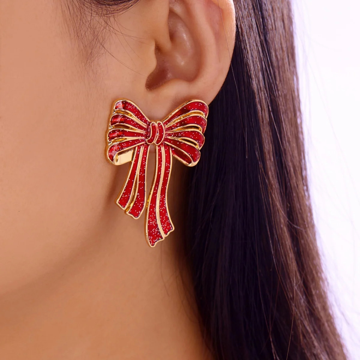 Christmas Bow Earrings Glitter Sequin Red Enamel Bowknot Stud Earring Year Festive Holiday Jewelry Party Gift For Women Men 251103