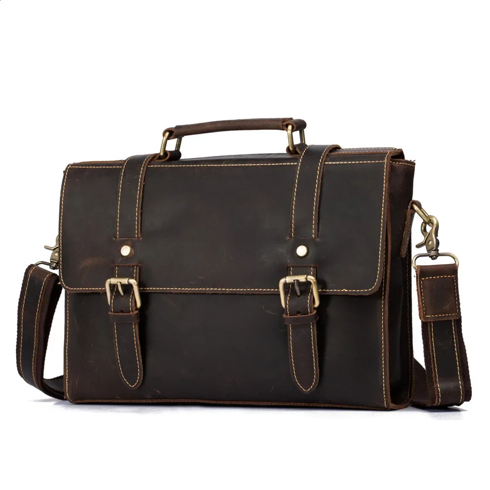 Retro Leather Mens Crazy Horse Leather Handbag Cross Denim Single Shoulder Cross Business briefcase 250410