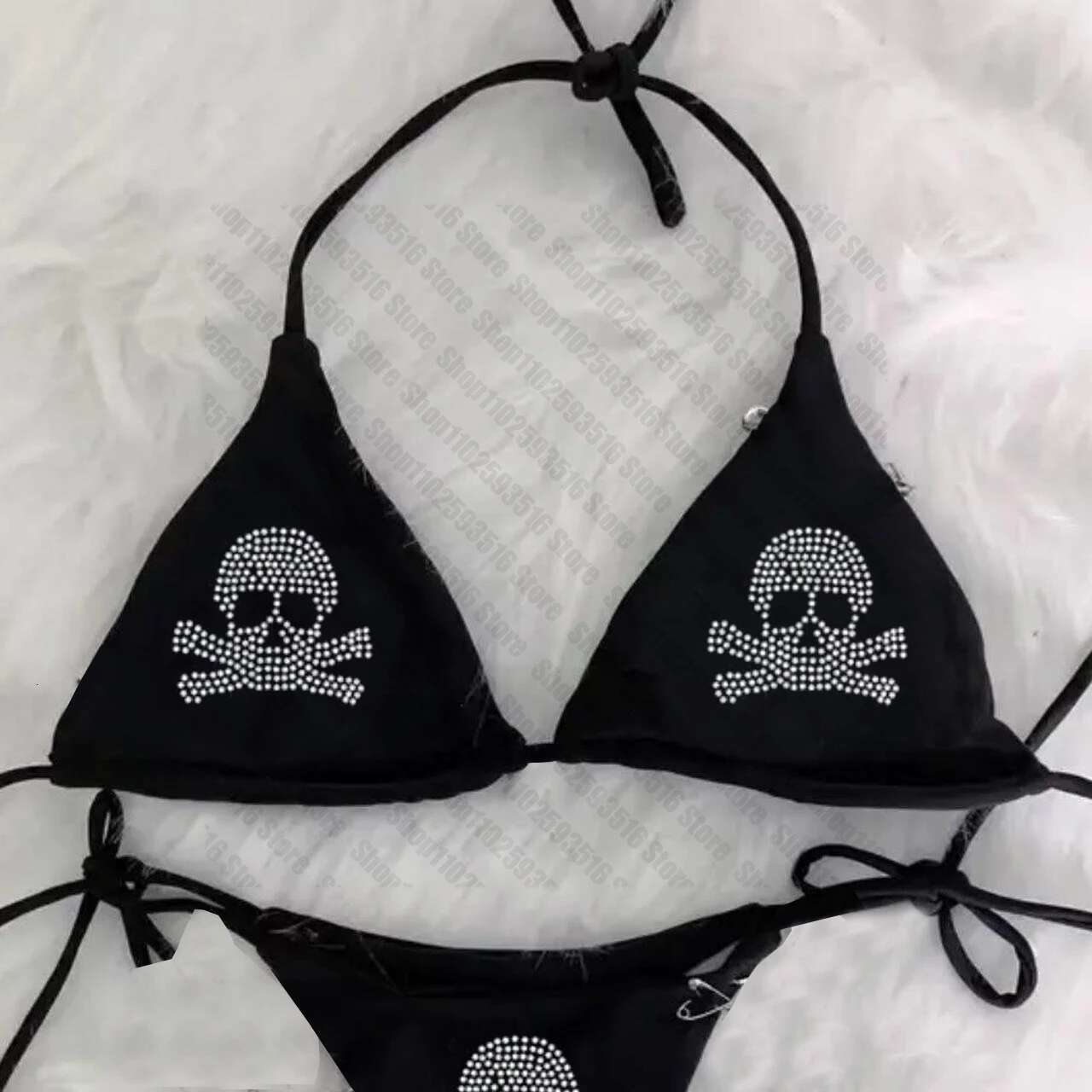 Y2K Bikini set Rhies skull emo Swimsuit Women Sexyprint Padded Bra Thong Two Pieces Swimwear Beachwear Bathing Suit Femme