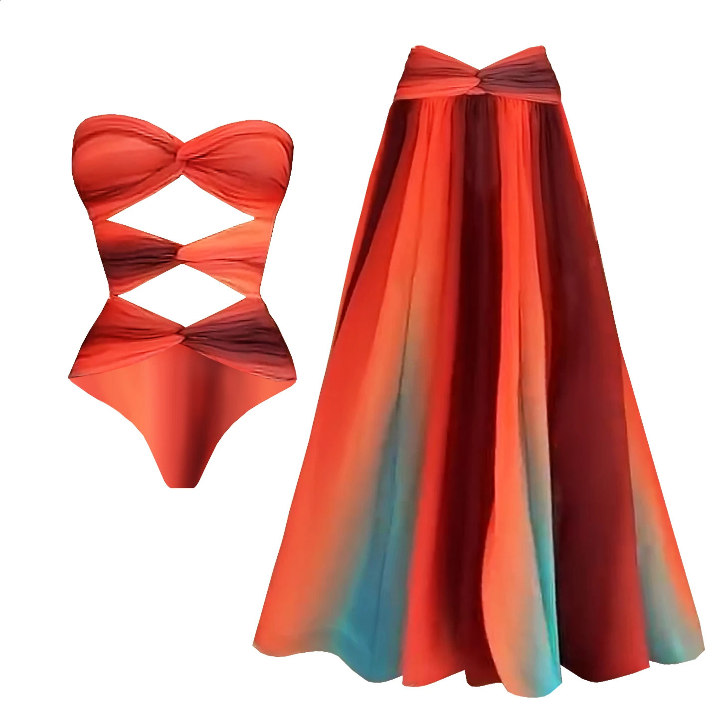 2 Pcs Hollow Swimsuit Sexy Women Bikini 2025 Cut Out Swimwear Female Swimming Suit Long Skirt Deep V Biquini Bodysuit Beachwear 250410
