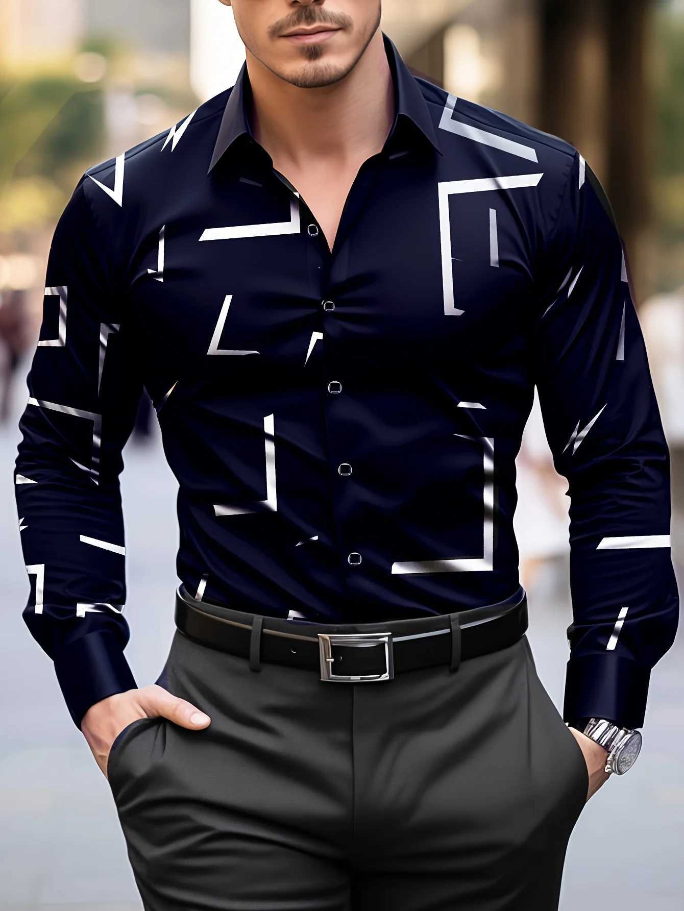 Fashion MenS Casual Regular Fit Geometric Pattern Long Sleeve Solid Color Polyester Button Lapel ShirtNon-Stretch Fabric K251110