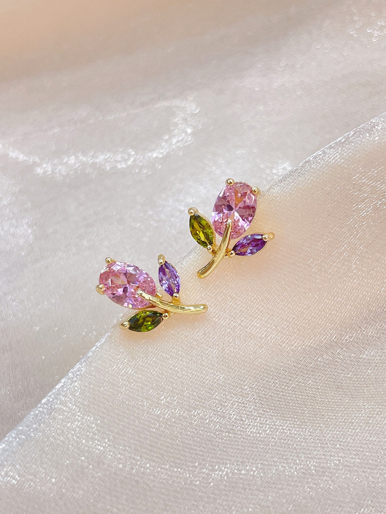 Elegant Ladies' Pink Oval Zirconia Tulip Earrings - Handcrafted Jewelry Accessory
