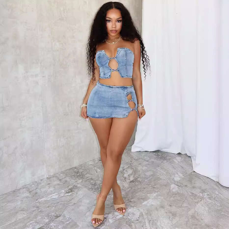 Women's Wear Women's Wear Women's Summer New Fashionable Sexy Drawstring Wrapped Chest Top With Slit And Hip Hugging Short Skirt