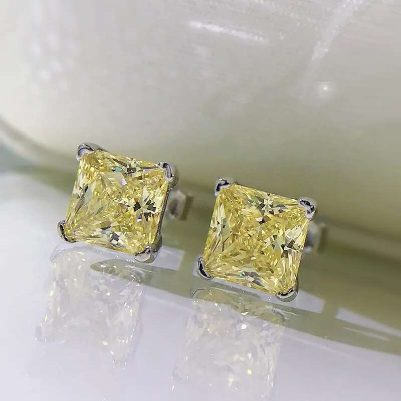 Gorgeous Simple Fine Jewelry Genuine 100% S925 Sterling Silver Princess Cut Yellow Lab Moissanite Diamond Women Stud Earring