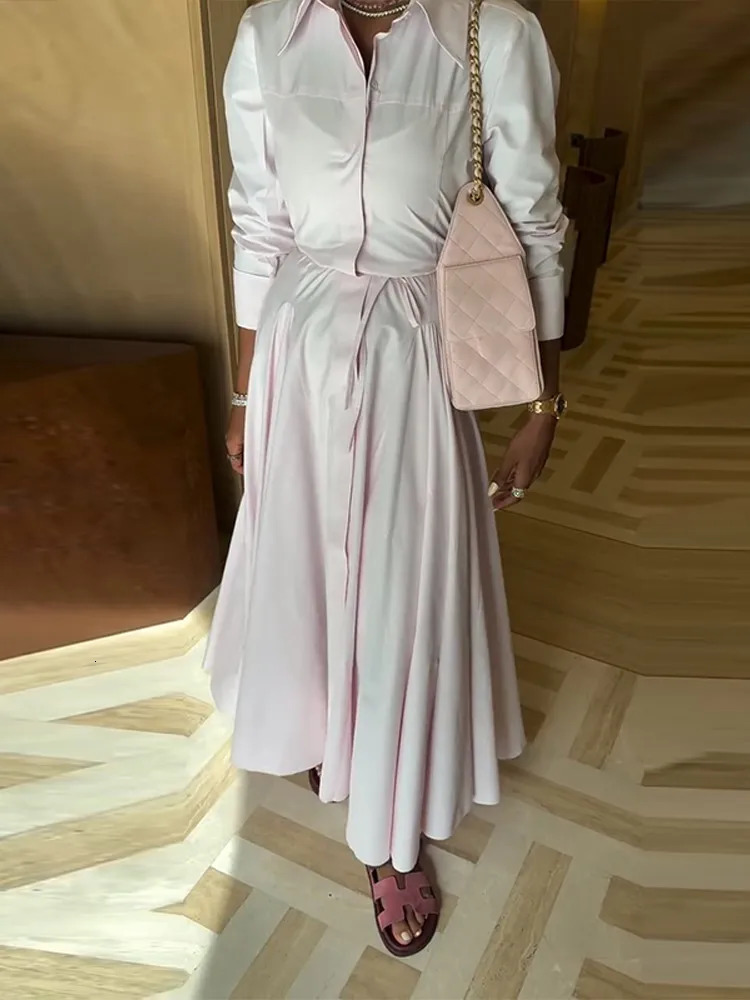 Casual Solid Lapel Shirt Long Skirt Set Women Chic Perspective Shirts Pleated A-lined Skirts Sets Female 2025 Fashion Streetwear 251105