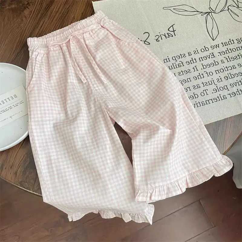 Childrens clothing set with bow short sleeved top and plain wide leg pants 2-piece set for childrens clothingXJ250410