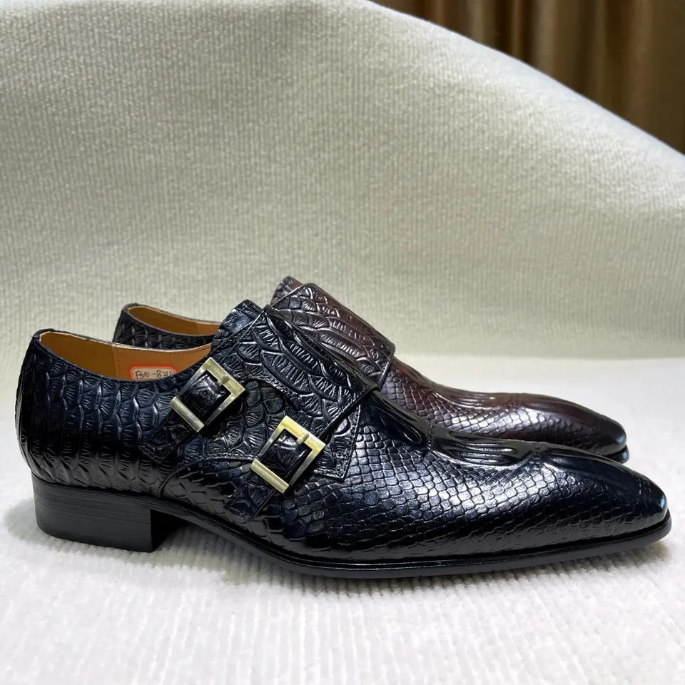 Mens Italian Genuine Leather Formal Oxford Shoes Python Pattern Button Detailing for Office Party Wedding Footwear 251106