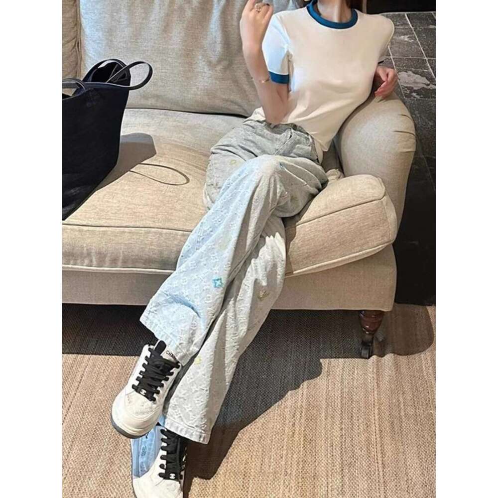 Women's jeans Women's Wear Nanyou Xiaoxiangfeng Colorful Letter High Waist Wide Leg Jeans Women's Straight Tube Embroidered Candy Tempe