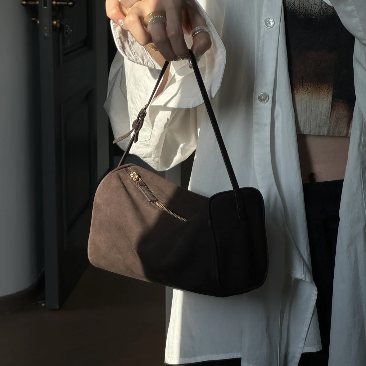 Niche Row Holder Suede Underarm 90S Mini Square Genuine Leather Handbag Pen Pouch Bag