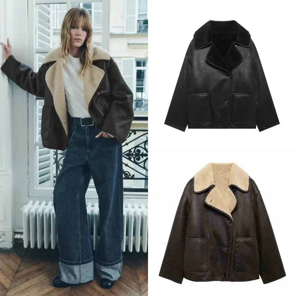 Plush Faux Leather Jackets for Women Wool Blends Thick Winter Office Single Breasted Turn-down Collar Coat Chic Pocket Outerwear 251105
