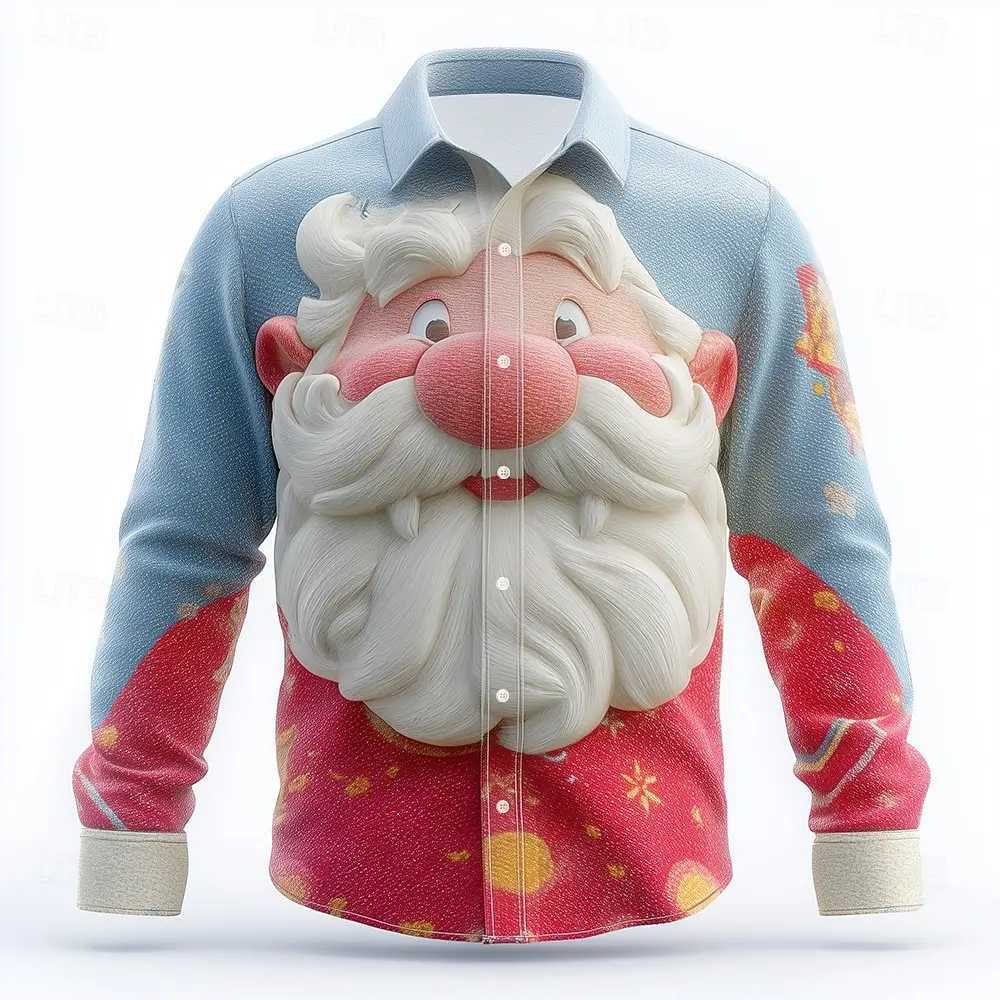 Christmas Mens Santa Claus 3D Cartoon funny christmas Shirt Button Up Shirt Long Sleeve Funny Christmas Gifts Holiday Spring K251110