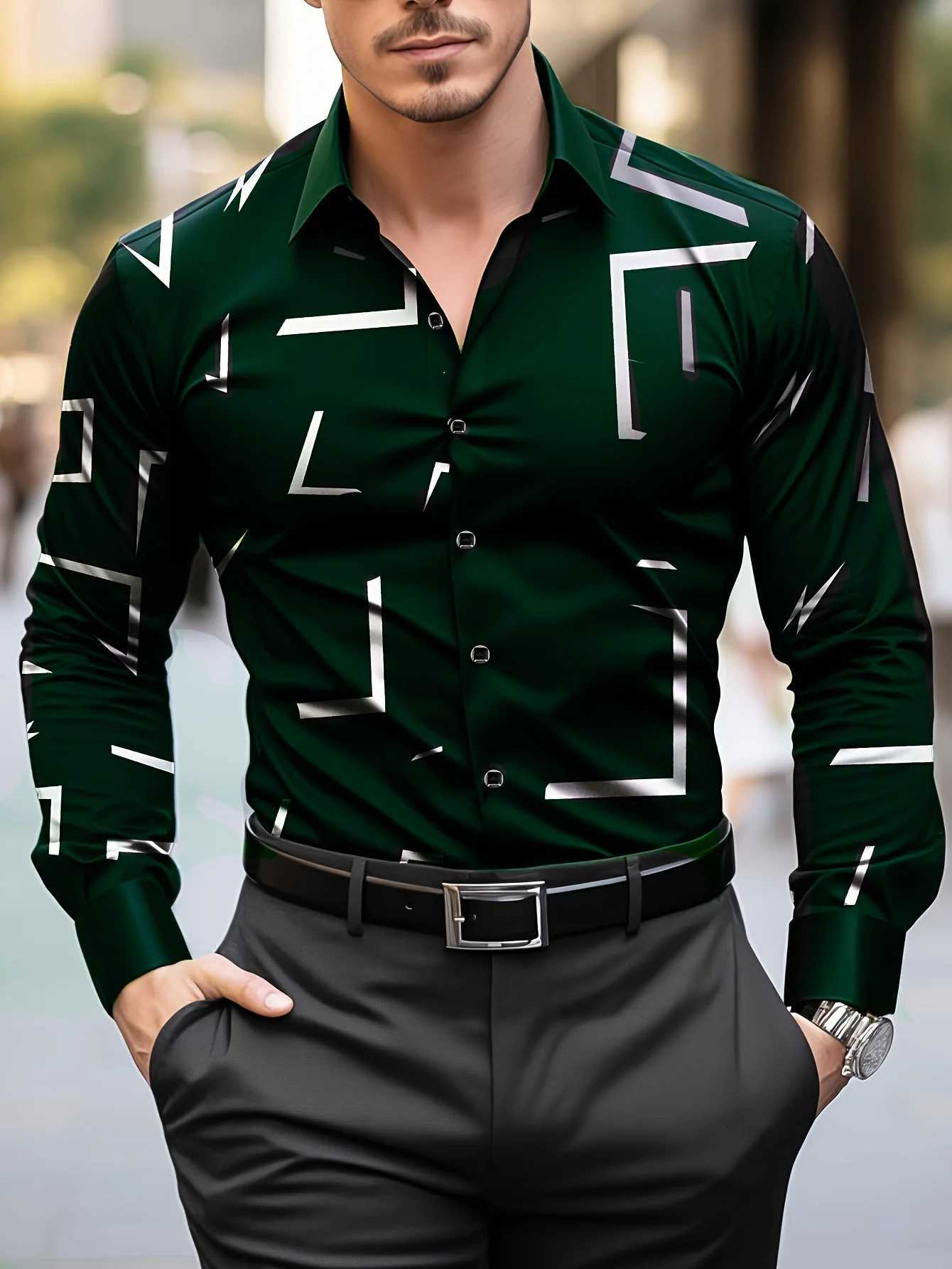 Fashion MenS Casual Regular Fit Geometric Pattern Long Sleeve Solid Color Polyester Button Lapel ShirtNon-Stretch Fabric K251110