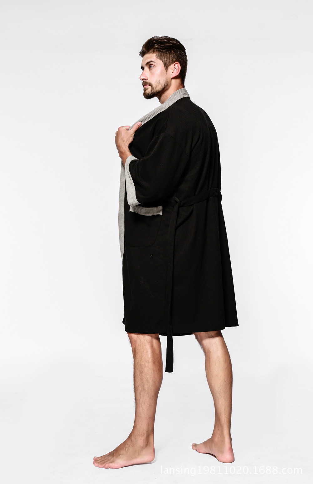 Mens Bathrobe Short Solid 100%cotton Pajama Sexy Warm Leisure Home Bath Robe MenXJ241018