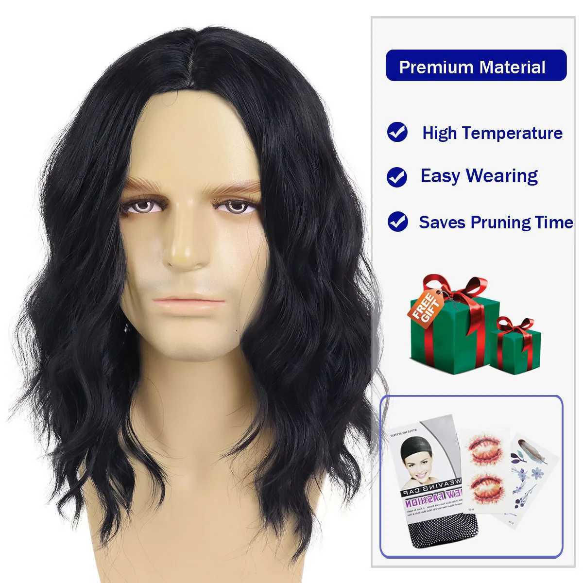 Synthetic Man Black Wigs 16 Inch Shoulder Length Curly Wave Hair Funny Wigs for Men Daily Halloween Costume Party 80s Rocker WigT251111