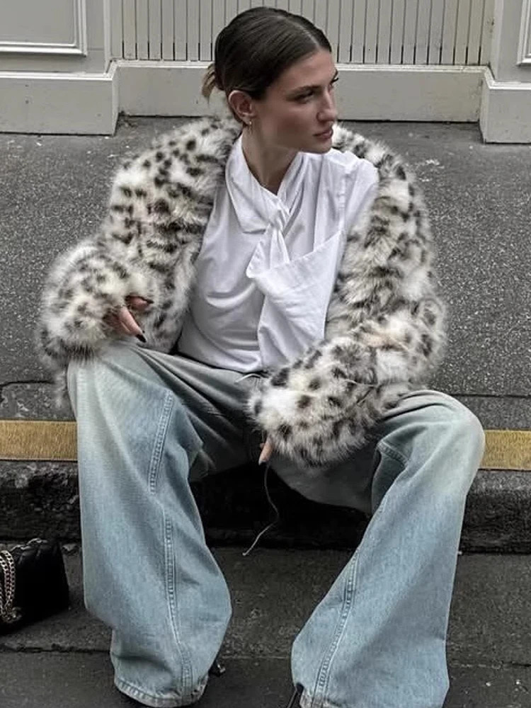 HH Winter Leopard Print Faux Fur Jackets For Women Long Sleeve Lapel Thick Warm Soft Fluffy Fur Coats Lady Loose Streetwear 251106