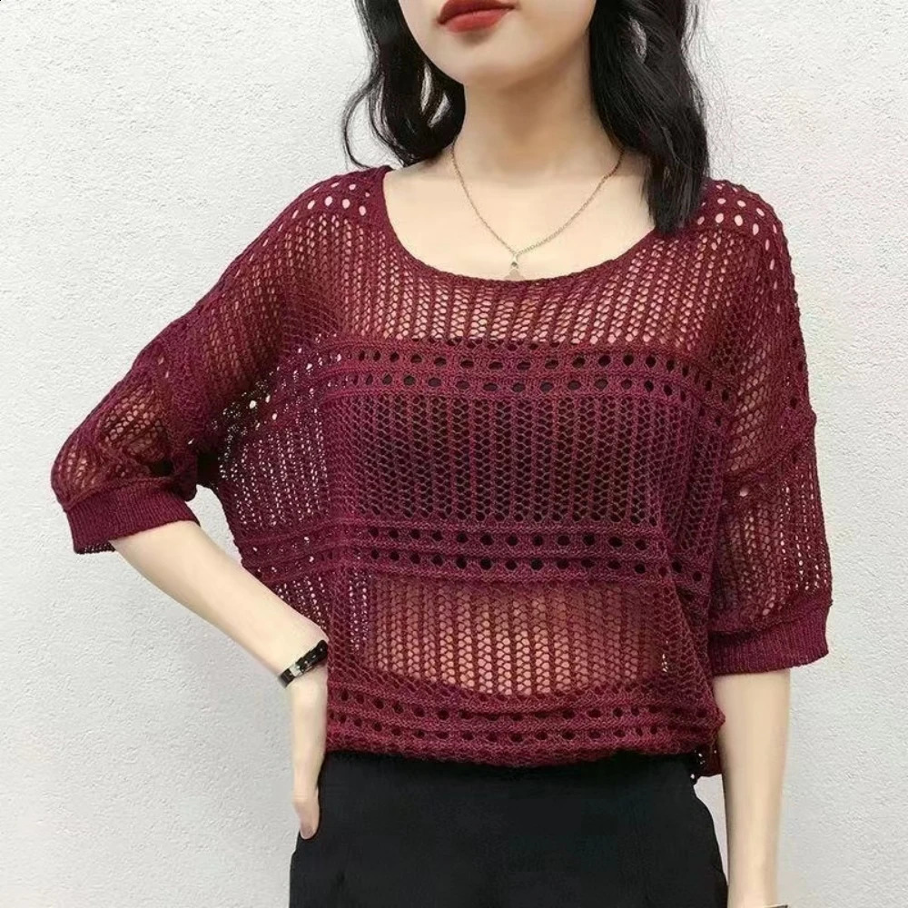 2025 Elegant Casual Solid Color Sweater Oneck Short Sleeve Knitted Summer Sweet Crop Top Sexy Hollow Shirt and 250407