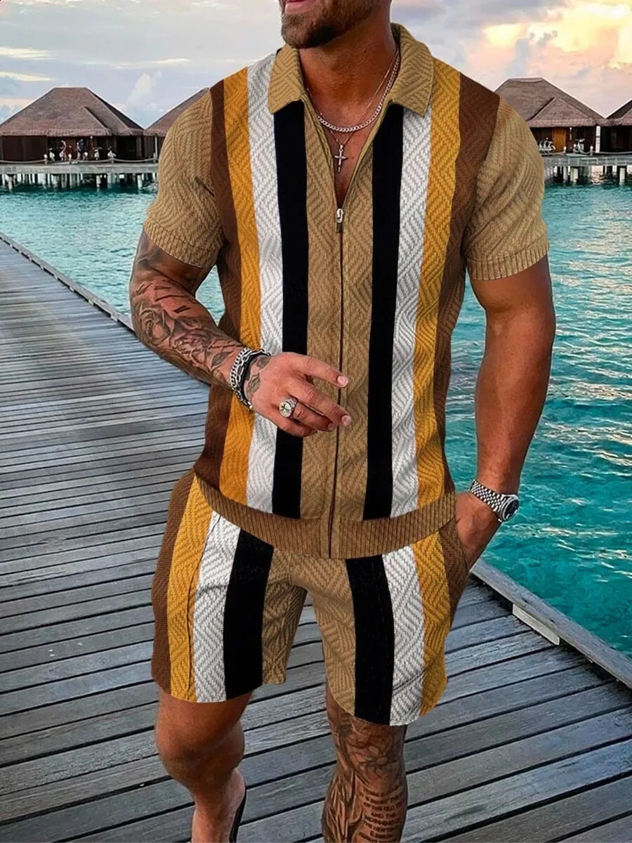Summer trend casual mens track set fashionable retro 3D printed zipper collar polo shirt and shorts 2-piece set with oversized zipper 250410