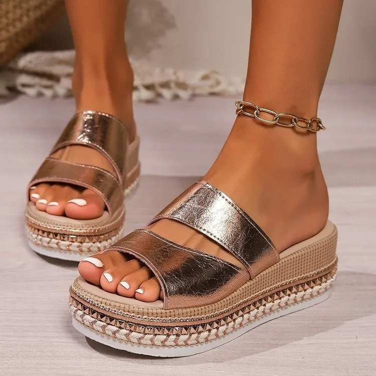Summer Fashion Roman Open Wedge Sandals for Women Plus Size 43 Gold Thick Bottom High Heel Slippers 250408