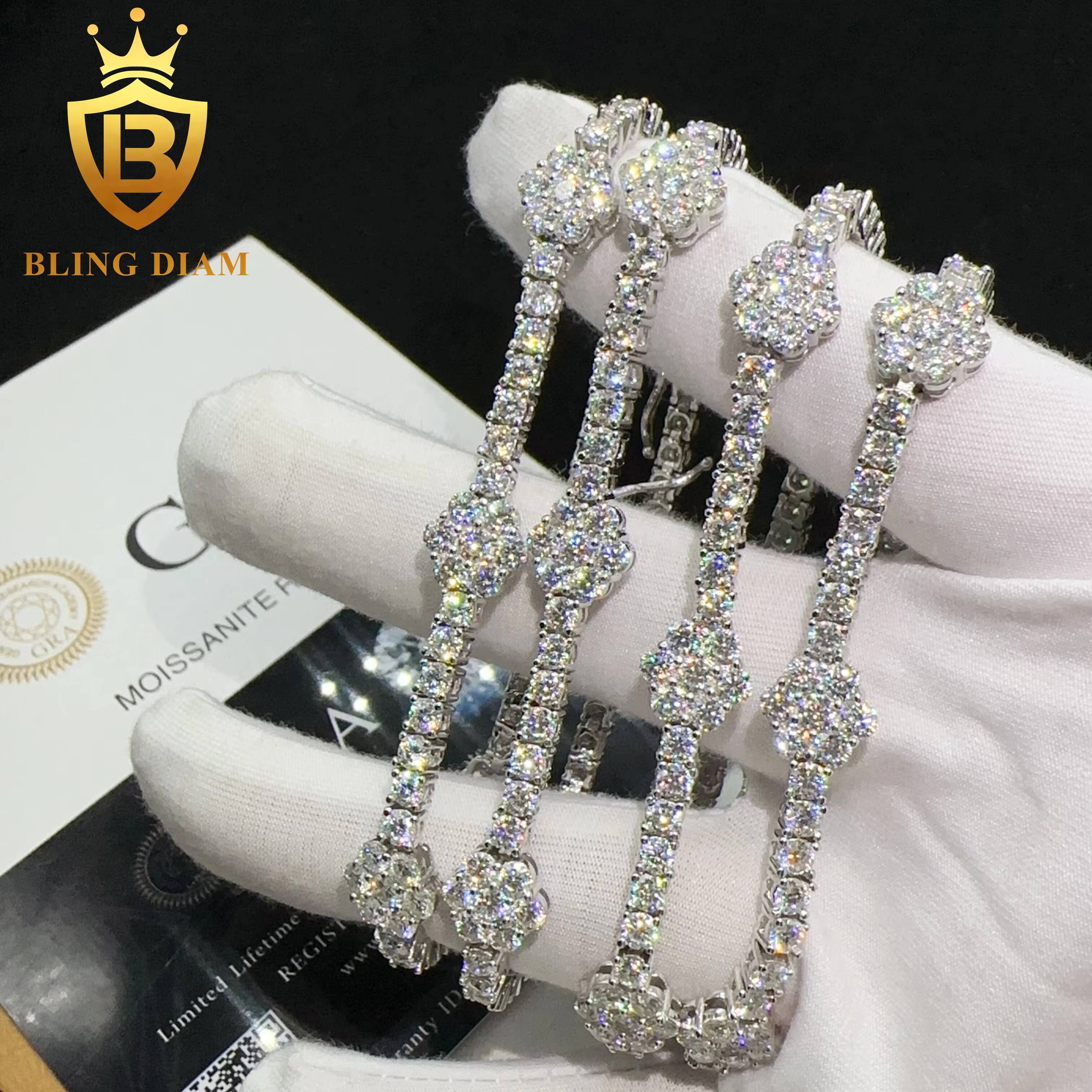 Fashion Jewelry Luxury Bracelets 925 Sterling Silver Vvs Moissanite Diamond Flower Tennis Chain Bracelets
