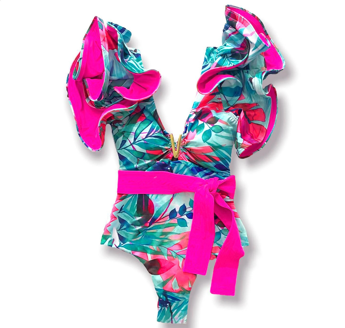 2025 Sexy Ruffle Print Floral One Piece Swimsuit Off The Shoulder Swimwear Women Solid Deep-V Beachwear Bathing Suit Monkini 250410