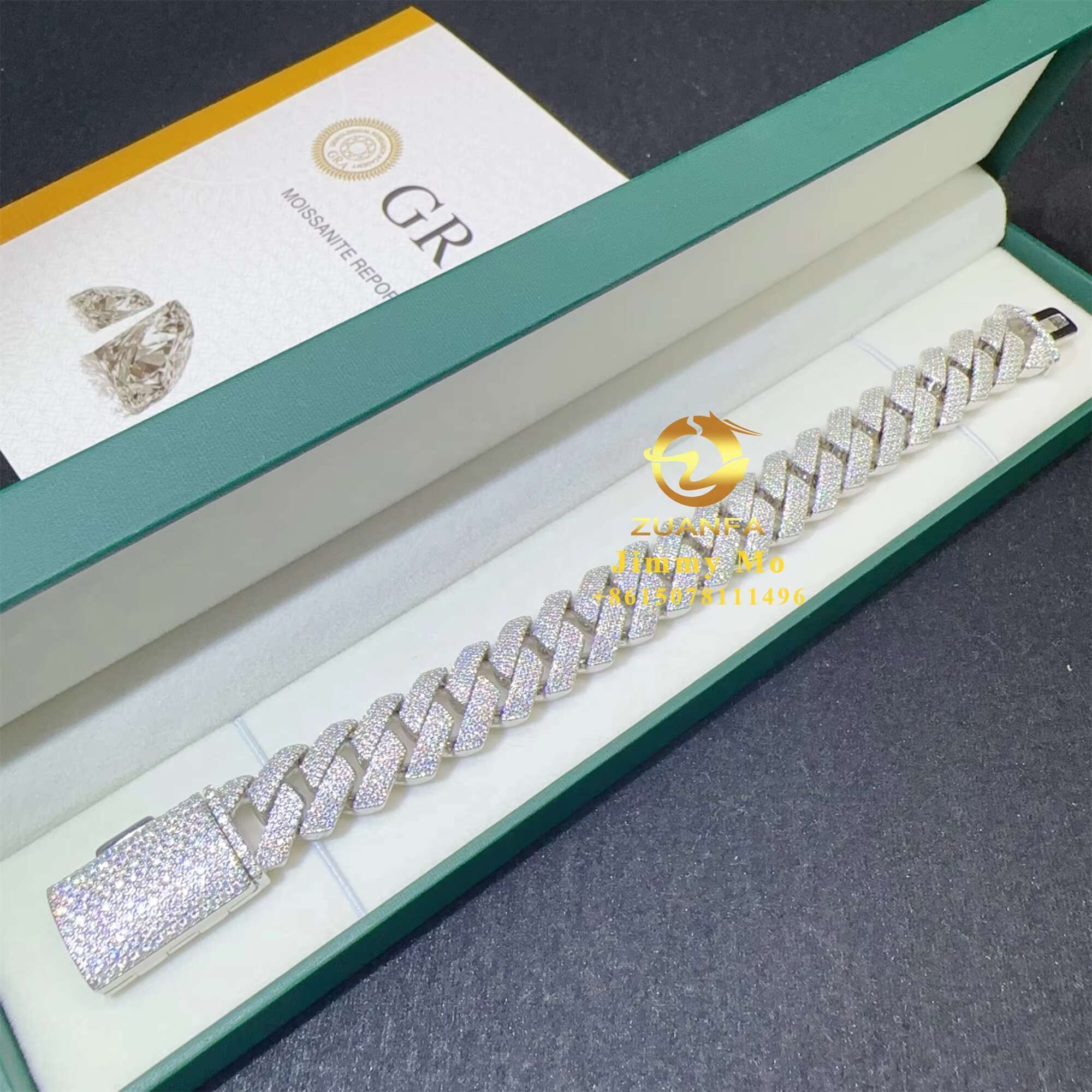 Popular Style 15mm 4 Rows 925 Solid Silver Iced Out Hip Hop Jewelry VVS1 Moissanite Diamond Cuban Link Chain Bracelet Men