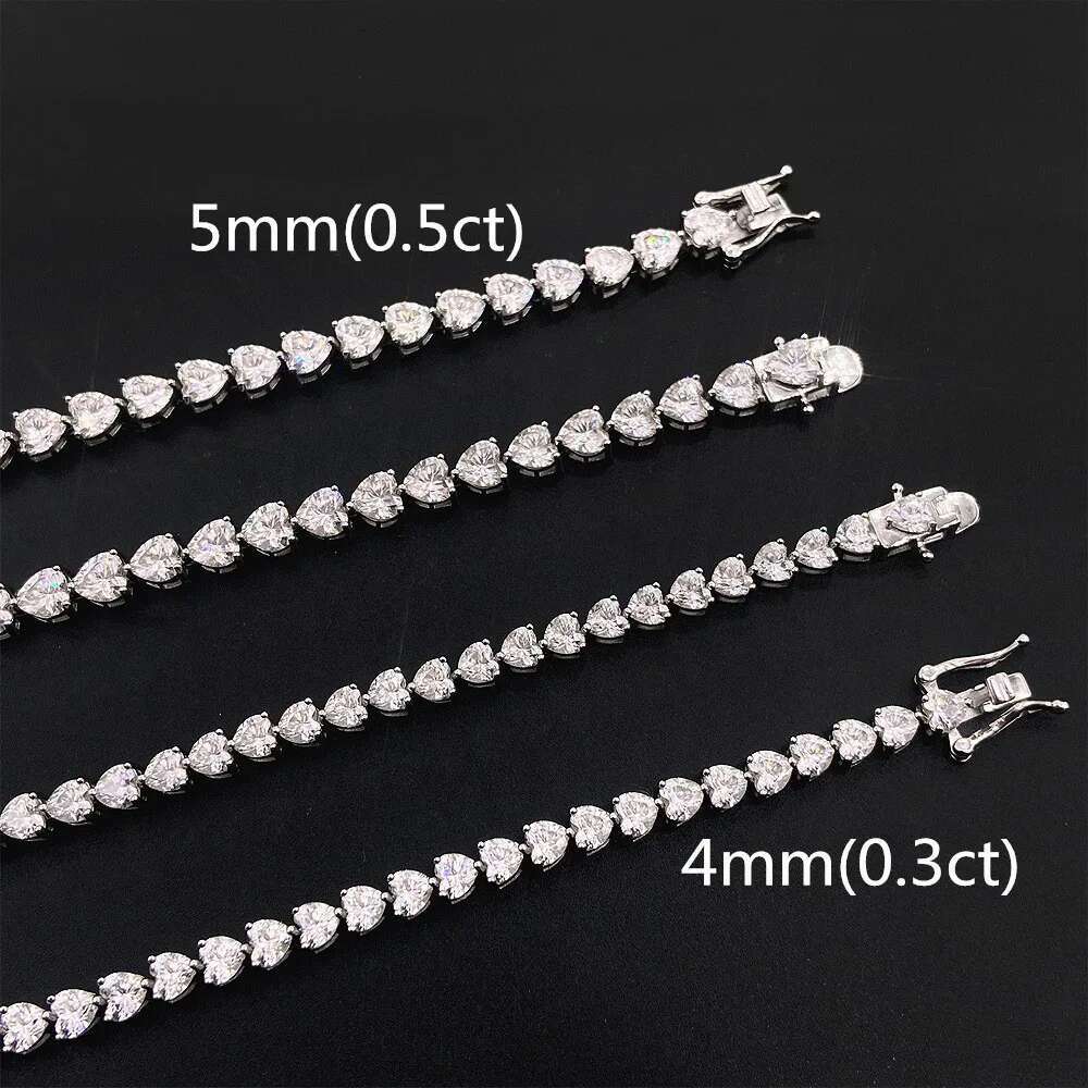 Heart Cut Moissanite Tennis Chain Hiphop 4-5mm D Color VVS1 Women 925 Sterling Silver Moissanite Bracelet for Women Men Couple