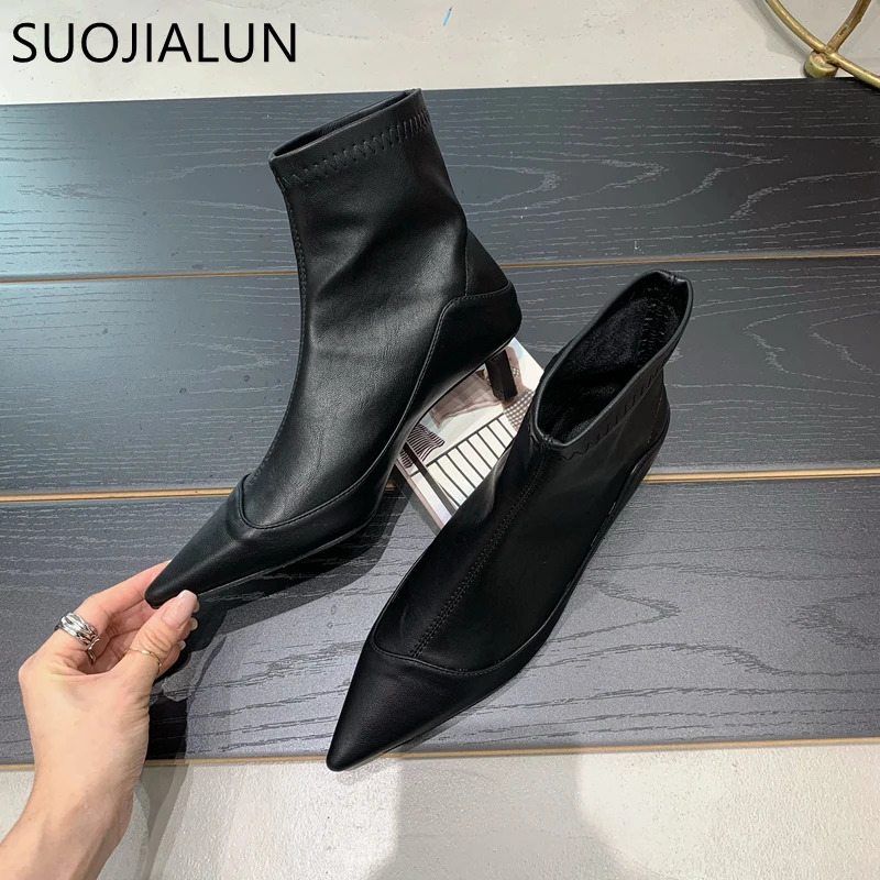 SUOJIALUN Winter Thin Low Heel Women Ankle Boots Fashion Pointed Toe Slip On Chelsea Boots Shoes Soft Leather Short Boots 251110