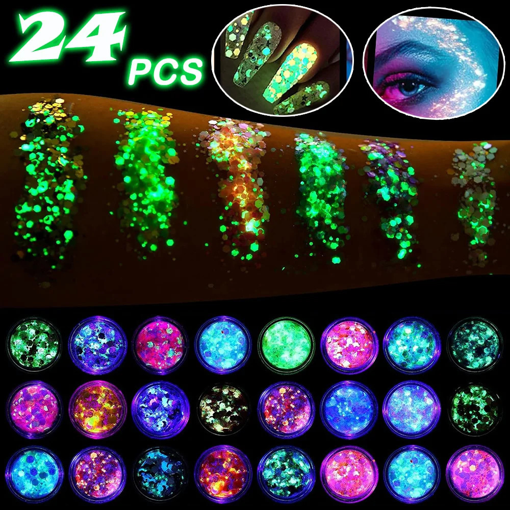 24pcs Face Glitter Makeup Glow in The Dark Body Glitter Gel UV Luminous Glitter for Festivals Party Halloween Bar Makeup 250410