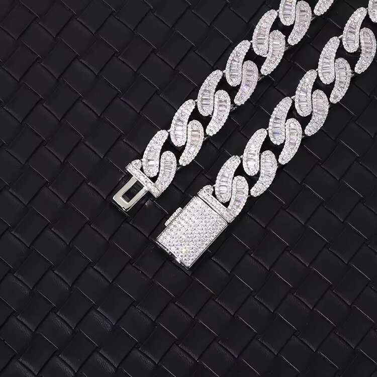 Trendy Jewelry 15mm 925 Sterling Silver baguette D Color Moissanite Diamond Cuban Link Chain Bracelet