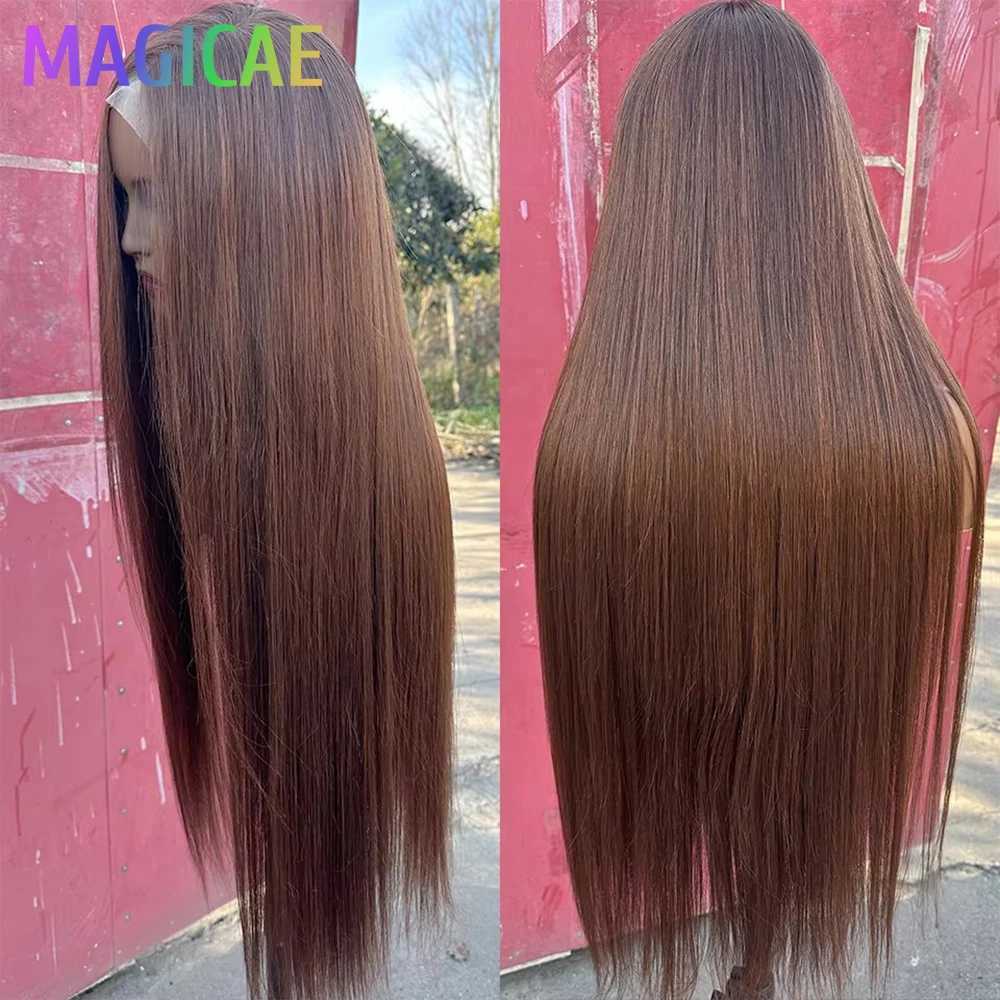 Magicae 330Grams 36Inch 4x4 Lace Front Wigs Chestnut Brown Wigs Ombre Highlight Straight Blond P27/613 High Temperature CosplayT251111