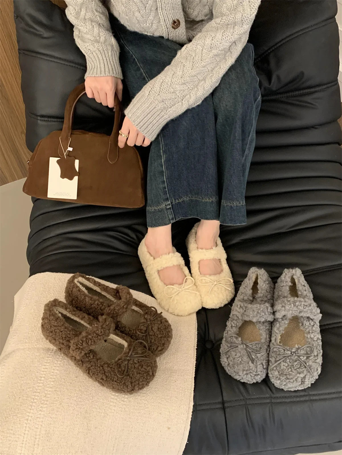 Womens Shearling Ballet Flats with Strap Warm Rabbit Fur Plush Lined Crystal Buckle Mary Jane Flat Shoes 251110