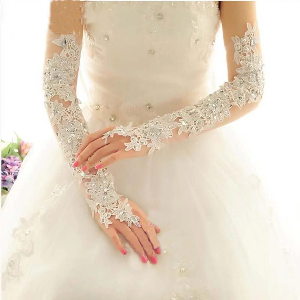 Fingerless Rhinestone Lace Bridal Wedding Gloves Long Fancy Party Wedding Opera Appliques Gloves 250408