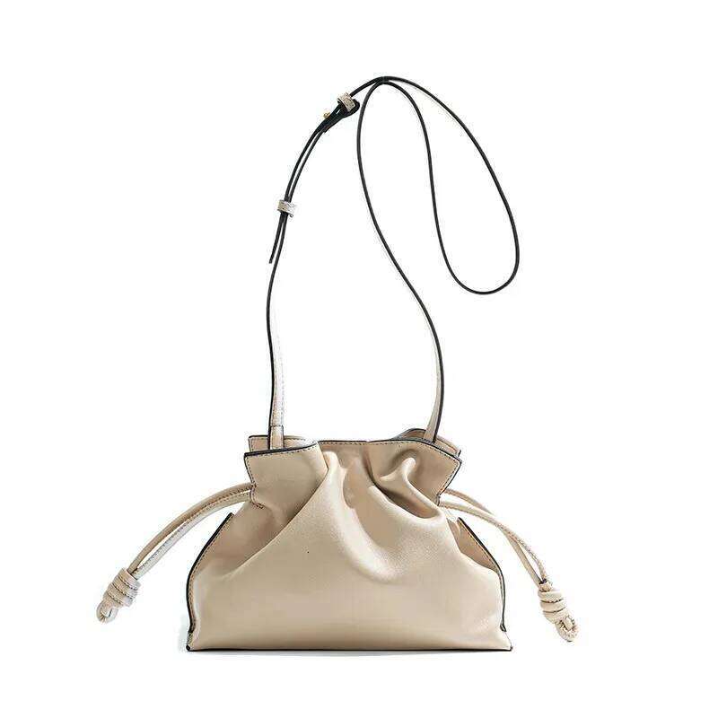 Classic Flamenco Lucky Bag, Genuine Leather Cloud With Drawstring, Shoulder Bucket Bag For Women, Autumn And Winter