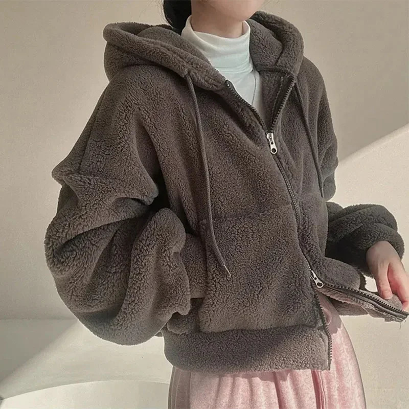 Women Lamb Fleece Hoodies Solid Color Autumn Winter Zipper Jackets Thicken Warm Hooded Coats Ladies Casual Plush Outerwear 251106