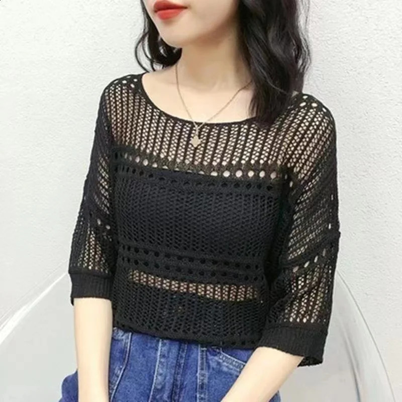 2025 Elegant Casual Solid Color Sweater Oneck Short Sleeve Knitted Summer Sweet Crop Top Sexy Hollow Shirt and 250407