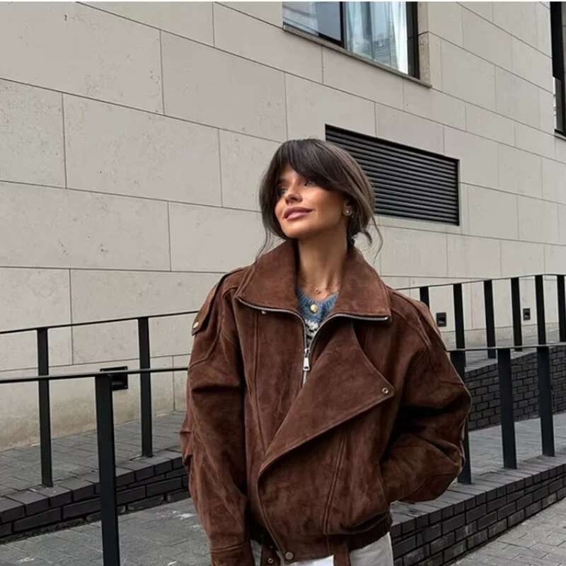 Chic Brown Faux Suede Cropped Casual Coat Vintage Lapel Solid Zipper Short Jacket 2025 Autumn Woman New Padded Shoulder Jackets