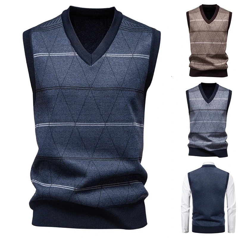 2025 Mens Vneck Knitted Sweater Warm Autumn Winter Diamond Grid Twisted Flower Casual Fashion Versatile Knit Top 251104