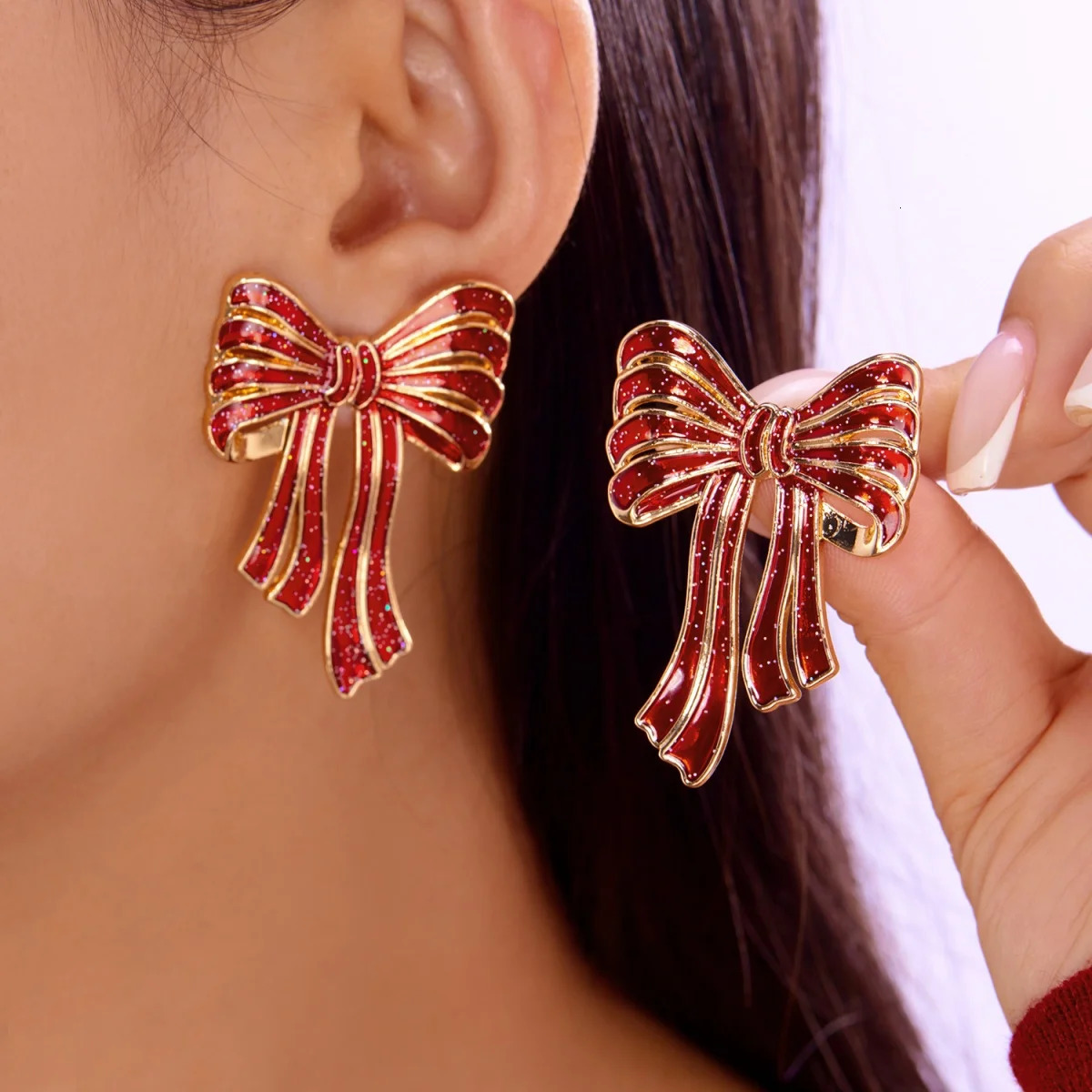 Christmas Bow Earrings Glitter Sequin Red Enamel Bowknot Stud Earring Year Festive Holiday Jewelry Party Gift For Women Men 251103