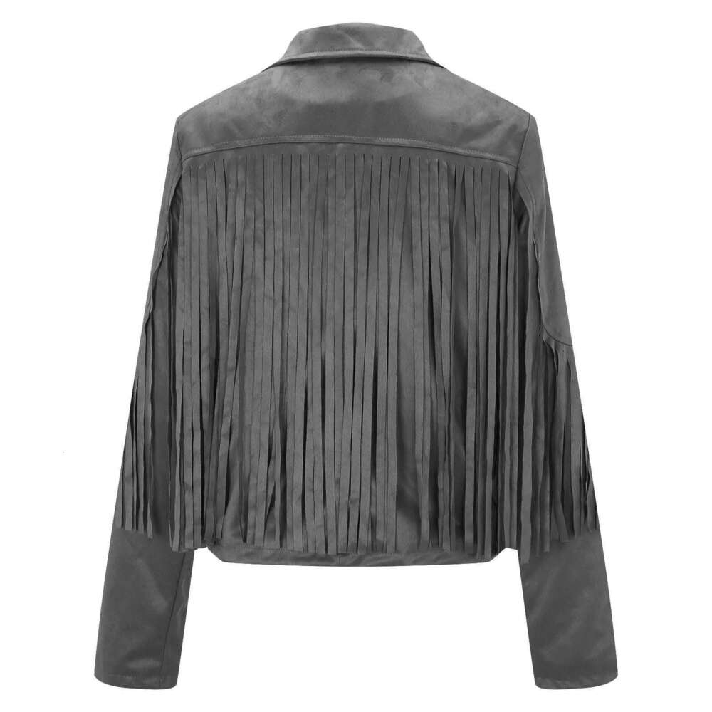 Women Faux Suede Leather Tassel Jackets - Vintage Lapel Open Front Cowboy Style Long Sleeve Tassels Cardigan Coat Tops 2024