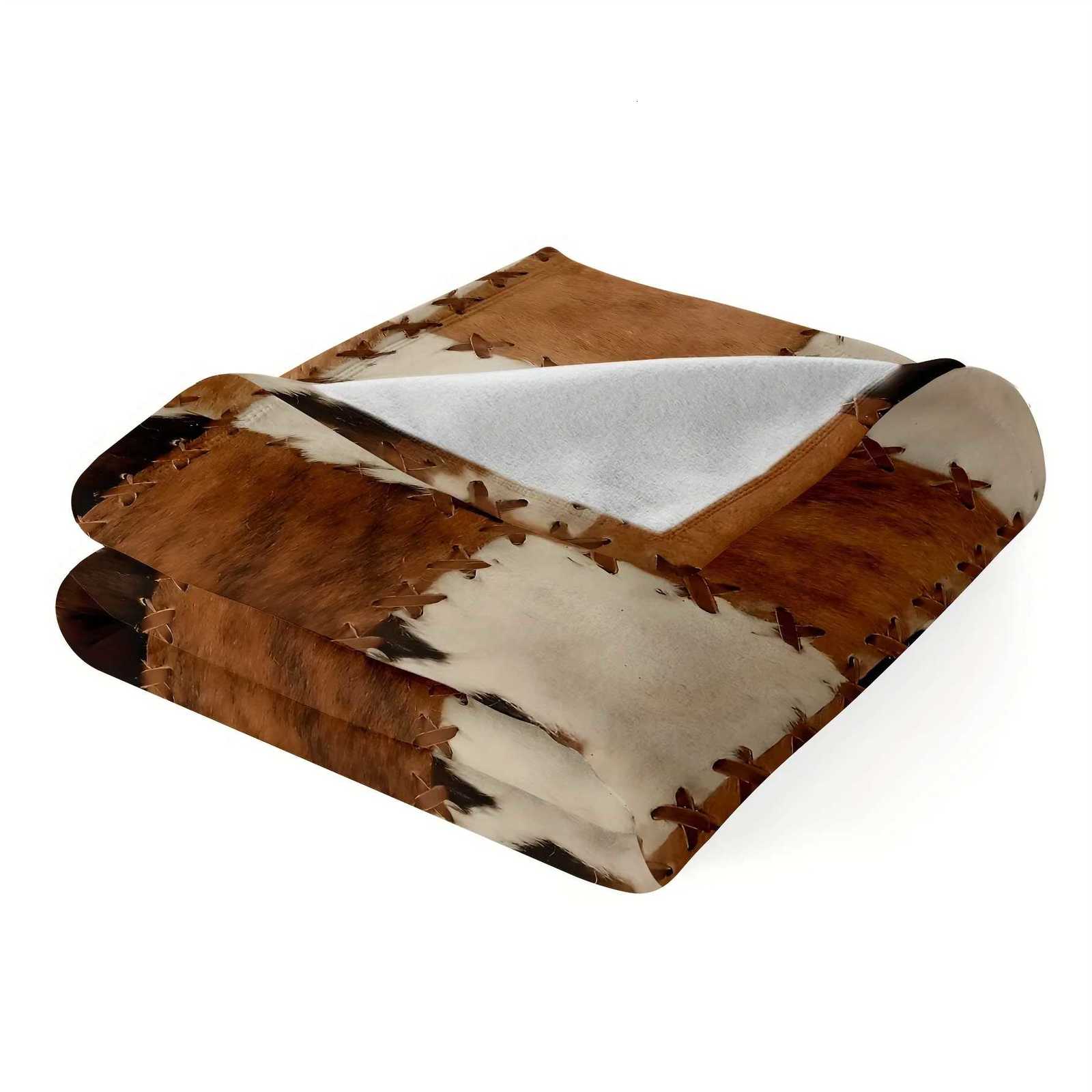 Faux Cowhide Flannel Blanket Designed With Stitched Accents Ideal For Rustic Living Room Decoration Providing Plush Feel C251111