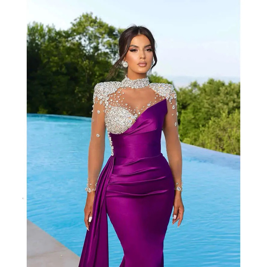 Peach Elegant Black Purple Mermaid Evening Dresses High Neck Sheer Appliques Beads Illusion Long Sleeve Pleats Ruffles Formal Ocn Prom Gowns