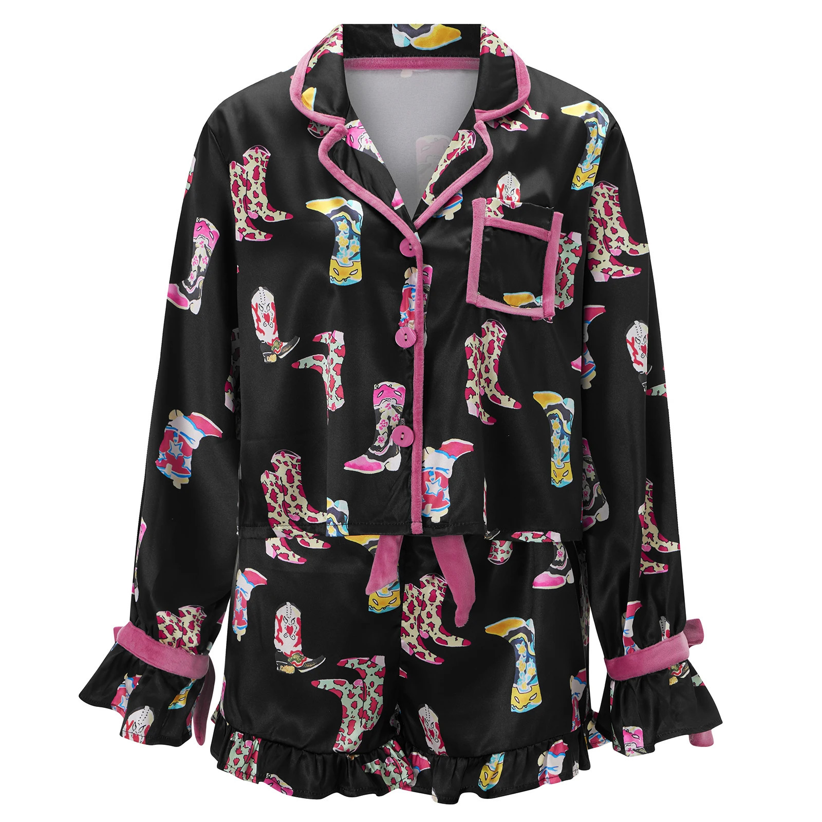 Women 2 Piece Christmas Pajamas Cute Bow Tie Long Sleeve Santa Claus Shirts Ruffles Boxer Shorts Satin Silk Xmas Pjs Sets 251106