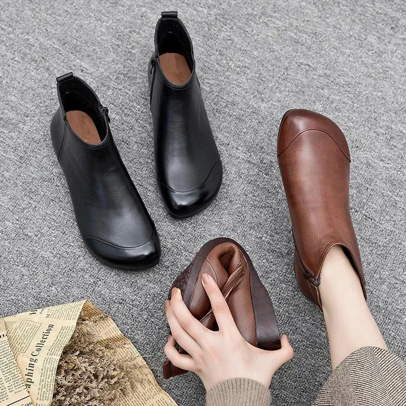 Spring Flat Womens Shoes Fashion Ankle Boots Retro Casual Plus Size Short Boots Zipper Solid Color Warm Flat Zapatos Mujer 251110