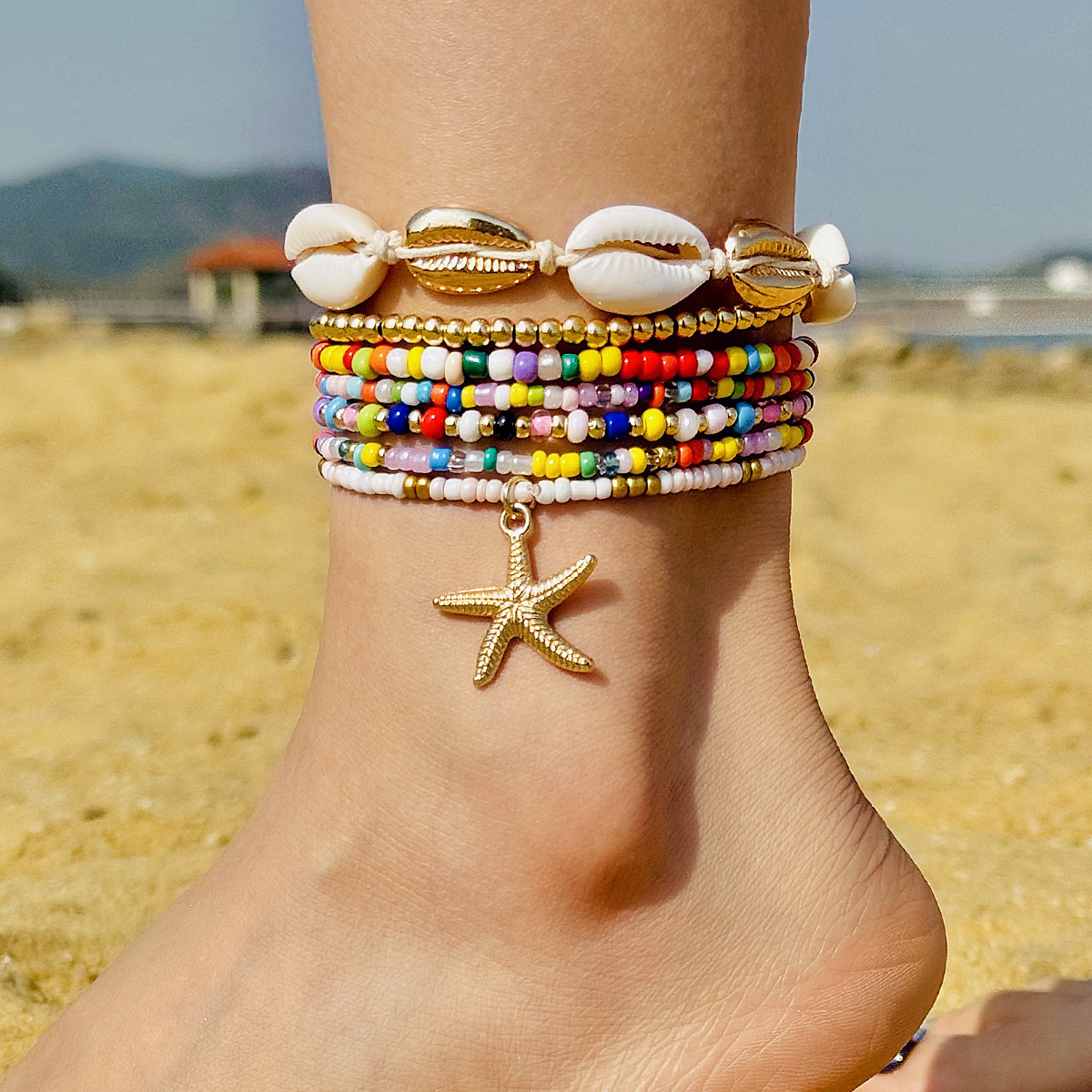 Seashell Jewelry Necklace Anklet Bracelet Bohemian Resort Style Beaded Woven Bracelet, Starfish Seed Bead 7-Piece Set Wholesale-1