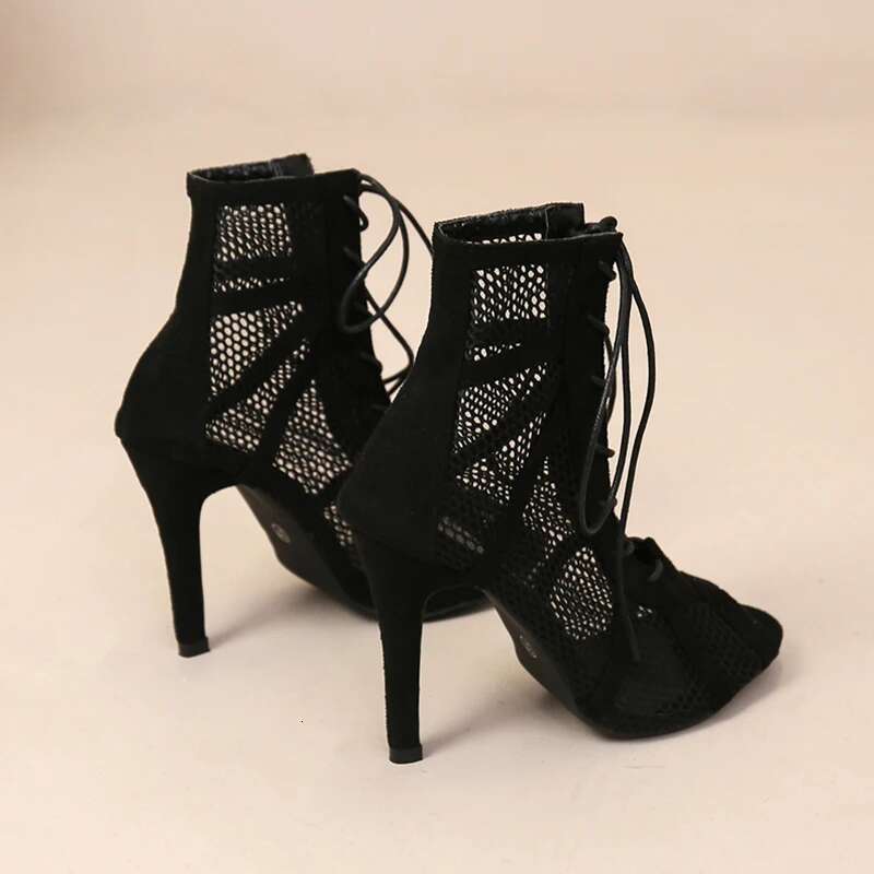 Sexy High Heels Hollow Mesh Women Summer hot Cross-tied Peep Toe Heeled Ankle Strap Dance Shoes Black NEW Net Sandals