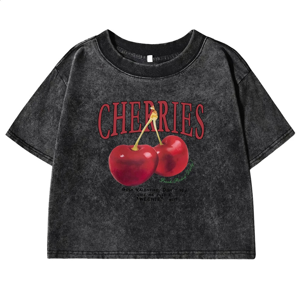 Red Cherries Letter Printed Female T-shirt Fashion Summer Washed Clothing Casual Cotton Crop Top Retro Tee Shirts For Women 250410