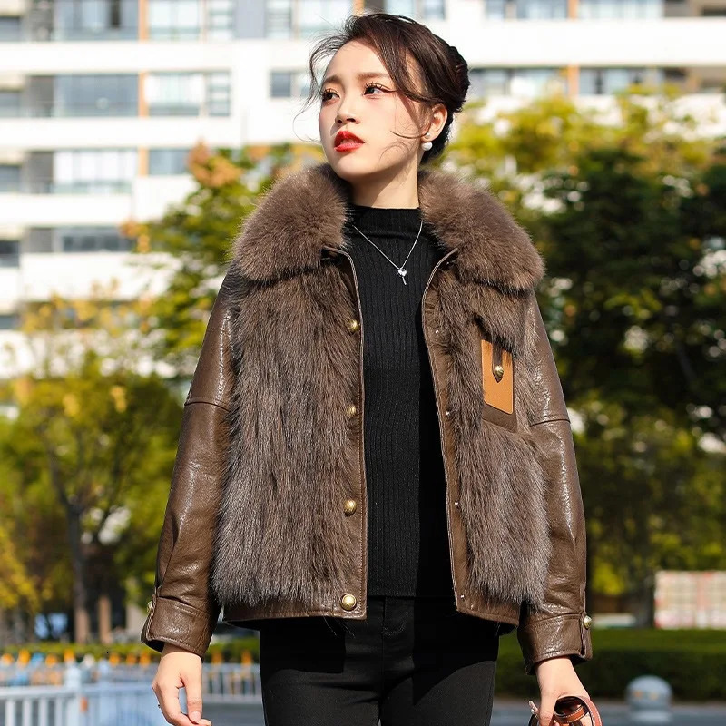 Women Faux Fur Leather Coats Thick Warm Coat Patchwork Single Breasted Jackets Full Sleeve Solid Casual Elegant Splice 251103